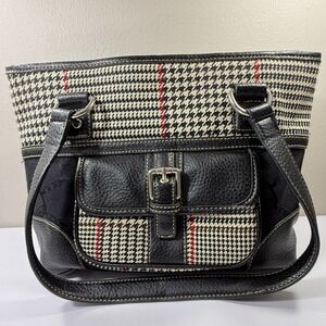 Chaps Leather Purse Black White Houndstooth Red Stripe